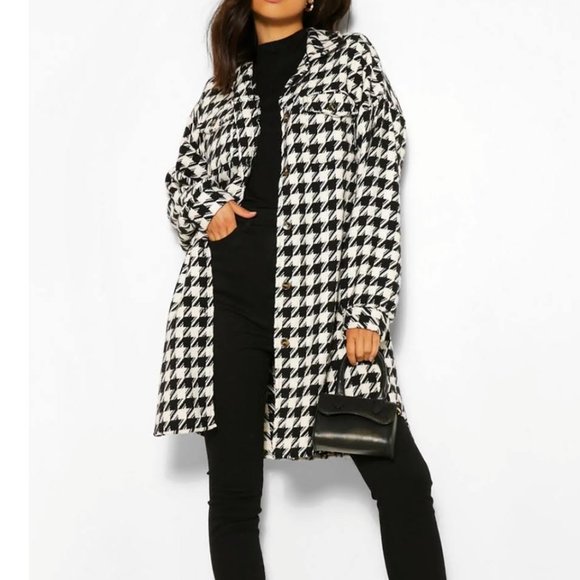 Boohoo Jackets & Blazers - Boohoo Oversized Wool Look Dogtooth Shacket Black/ White Size 8